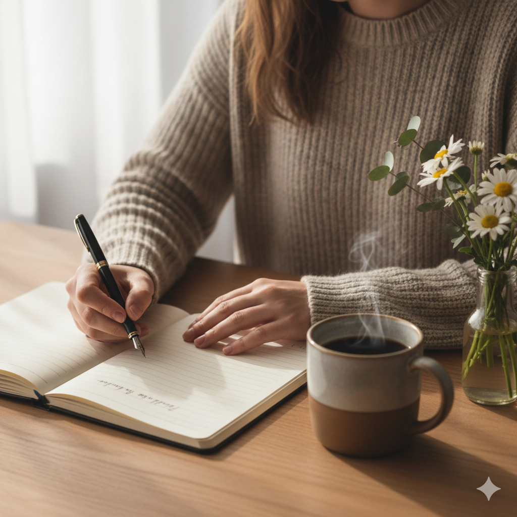 Una mujer escribiendo en su diario de gratitud en un escritorio ordenado, con una taza de café humeante y un florero con flores blancas, transmitiendo un momento de calma y planificación consciente.