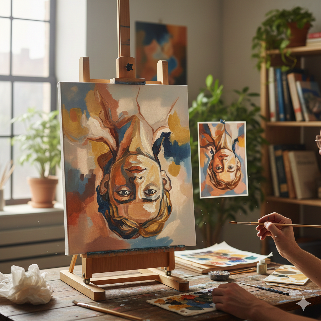 Artista pintando un lienzo al revés sobre un caballete para cambiar su perspectiva